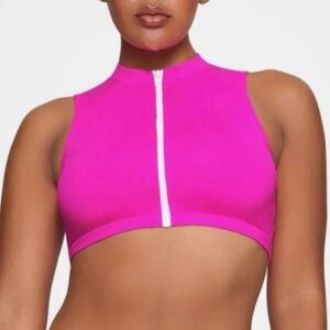 NWT Skims Sporty Zipper Swim Mock Neck Top Pink Hibiscus